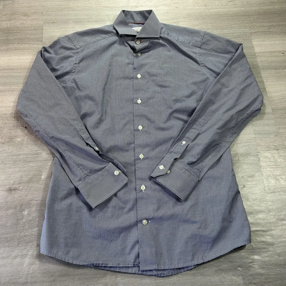 Eton Shirt Mens‎ 16 34/35 40 Blue Gingham Slim Fit Cotton Dress Long Sleeve